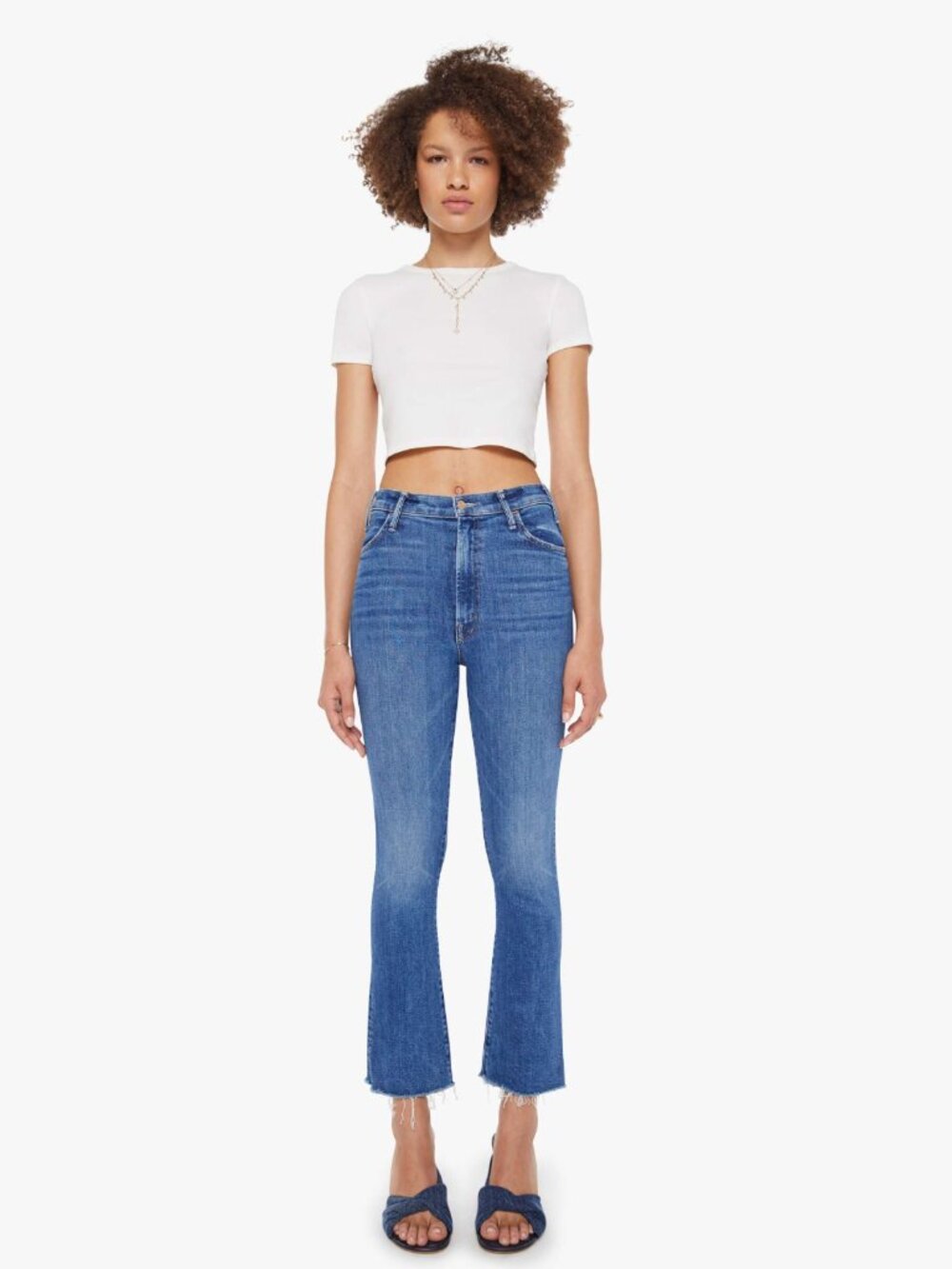Mother The Hustler Ankle Fray Jeans Raw Hem in Grasping At Straws Blue Womens 30